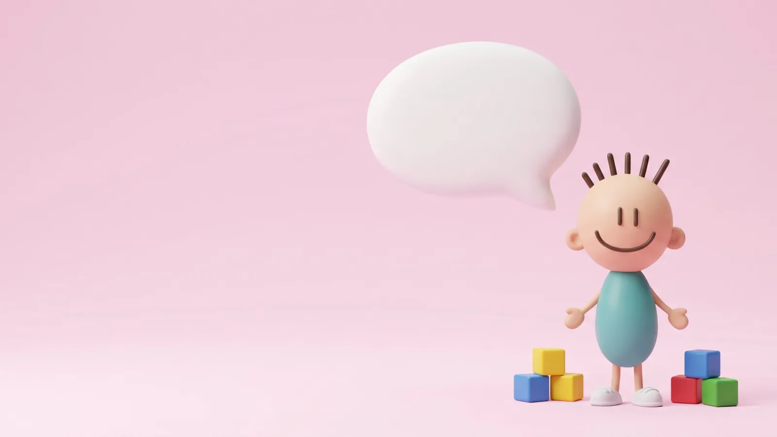 Mascote da Clinfono com um grande balão de fala, representando as primeiras palavras