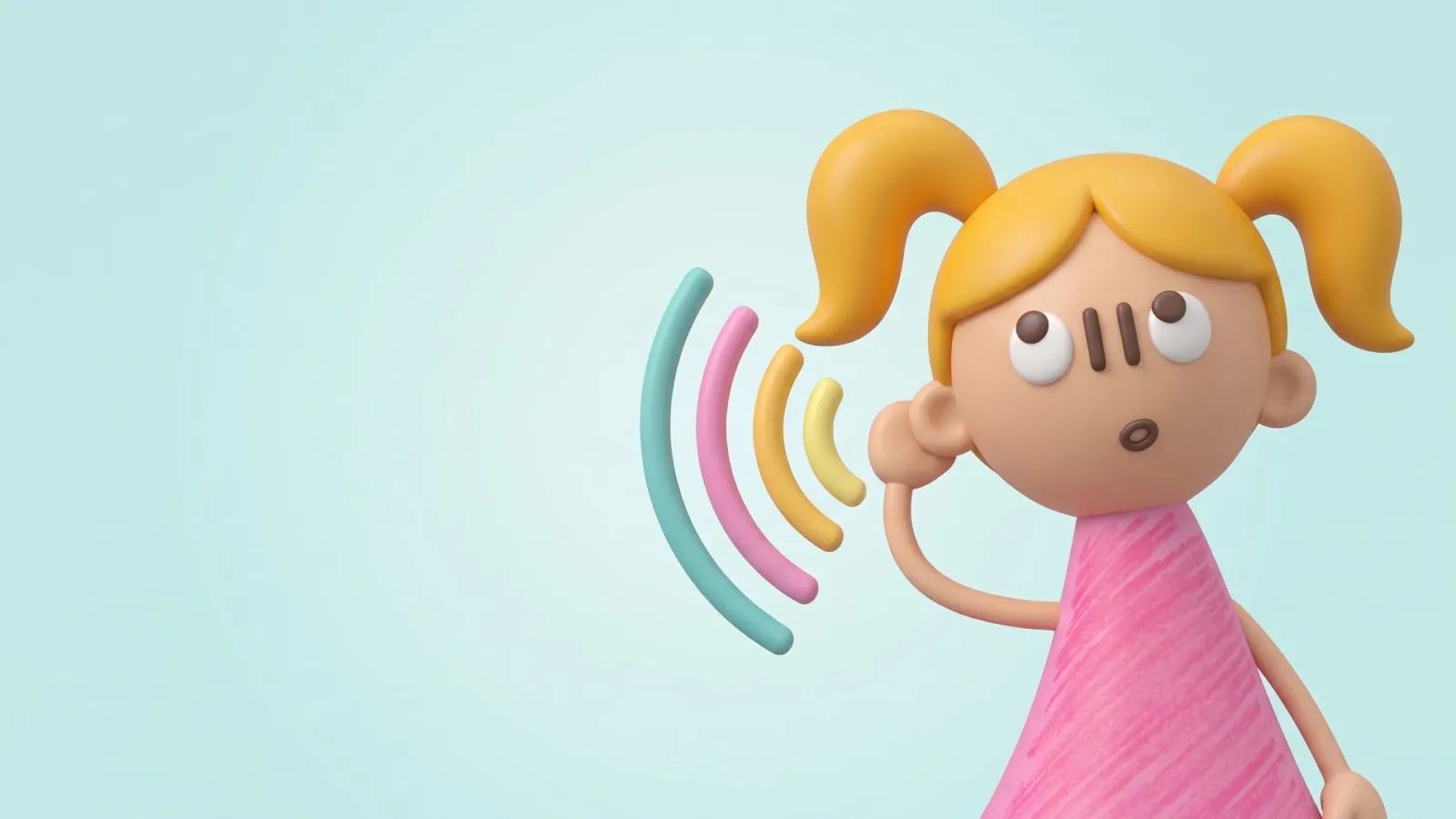 Mascote da Clinfono ouvindo com atenção, com ondas sonoras coloridas ao redor