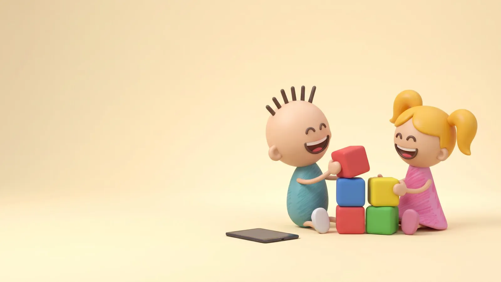 Mascotes da Clinfono brincando com blocos coloridos, com um tablet desligado ao lado